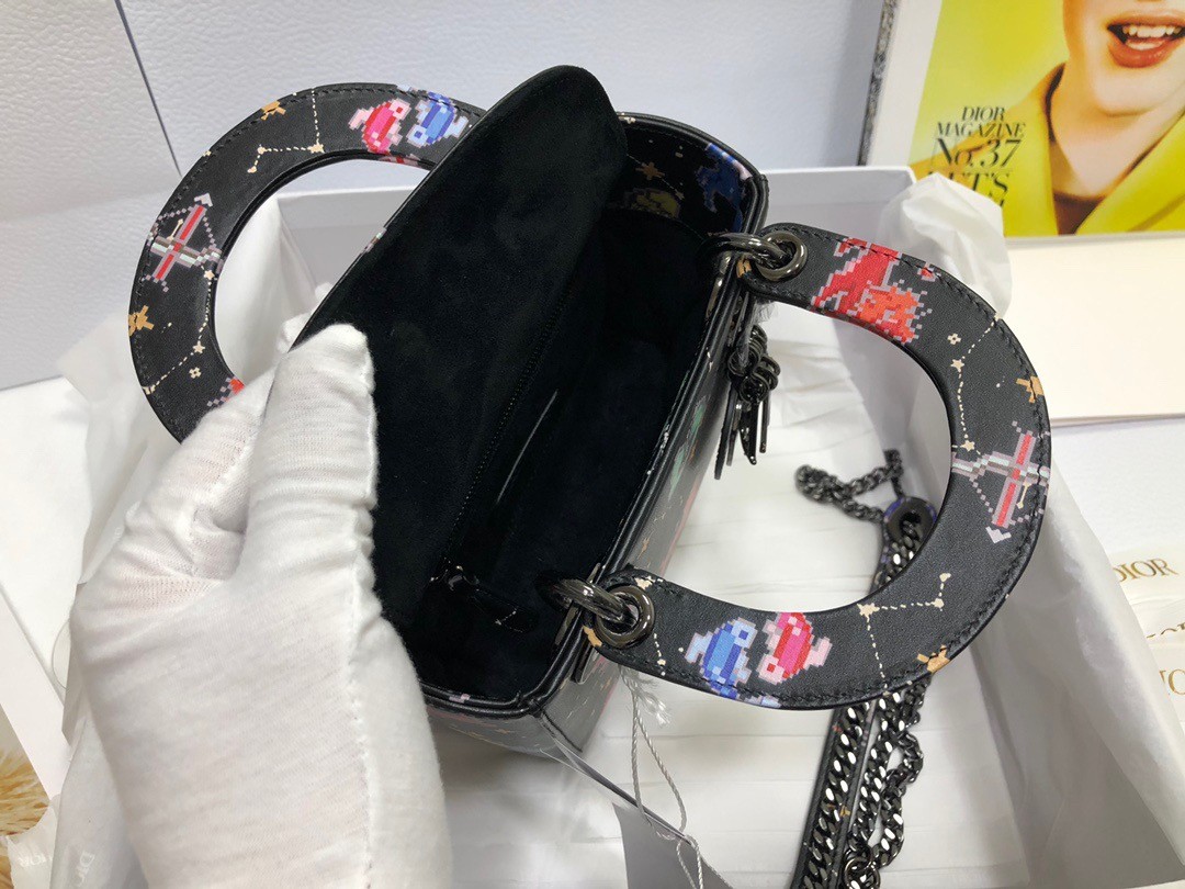D*or mini lady D*or bag in black calfskin with pixel zodiac print