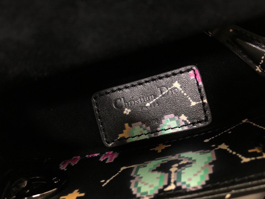 D*or mini lady D*or bag in black calfskin with pixel zodiac print
