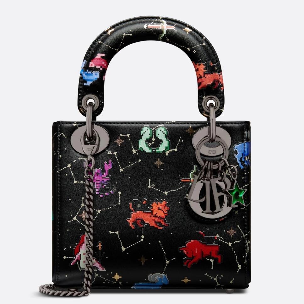 D*or mini lady D*or bag in black calfskin with pixel zodiac print