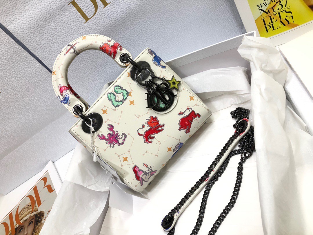 D*or mini lady D*or bag in white calfskin with pixel zodiac print