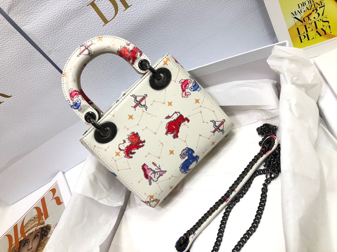 D*or mini lady D*or bag in white calfskin with pixel zodiac print