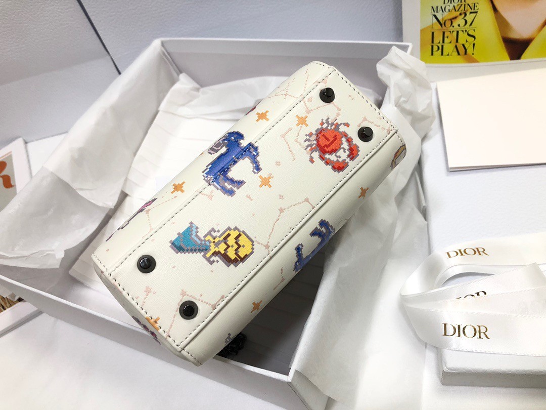 D*or mini lady D*or bag in white calfskin with pixel zodiac print