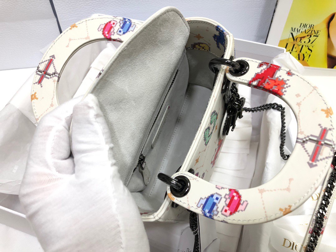 D*or mini lady D*or bag in white calfskin with pixel zodiac print