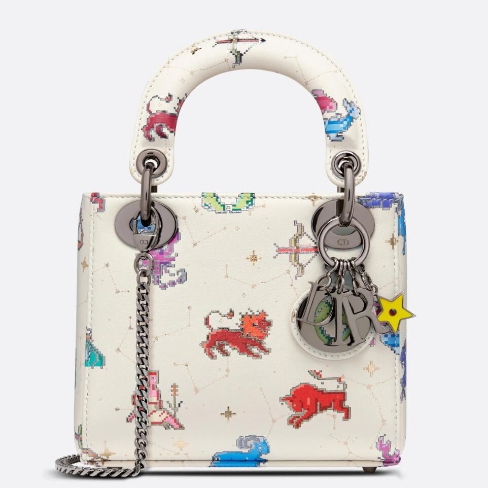 D*or mini lady D*or bag in white calfskin with pixel zodiac print
