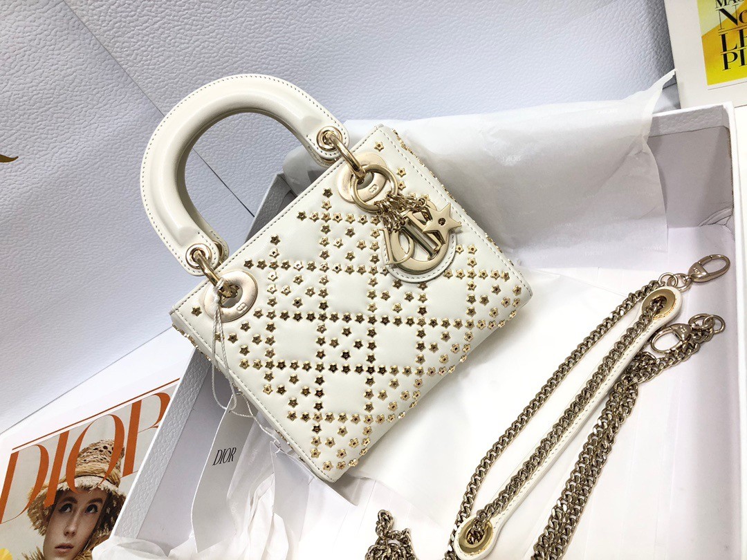 D*or mini lady D*or bag in white lambskin with star embroidery