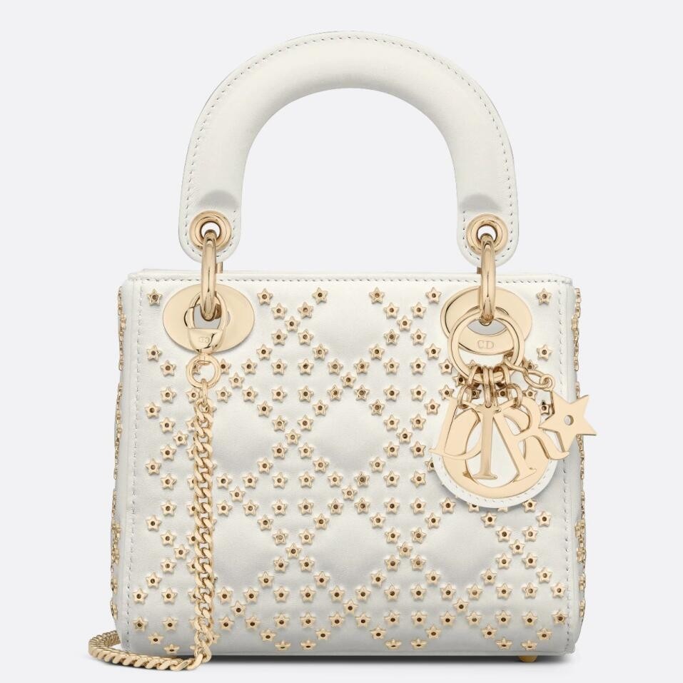 D*or mini lady D*or bag in white lambskin with star embroidery