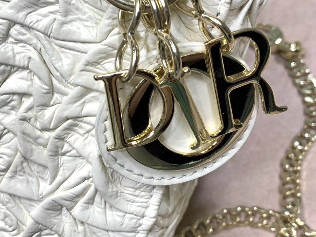 D*or mini lady D*or chain bag in white wavy crinkled lambskin