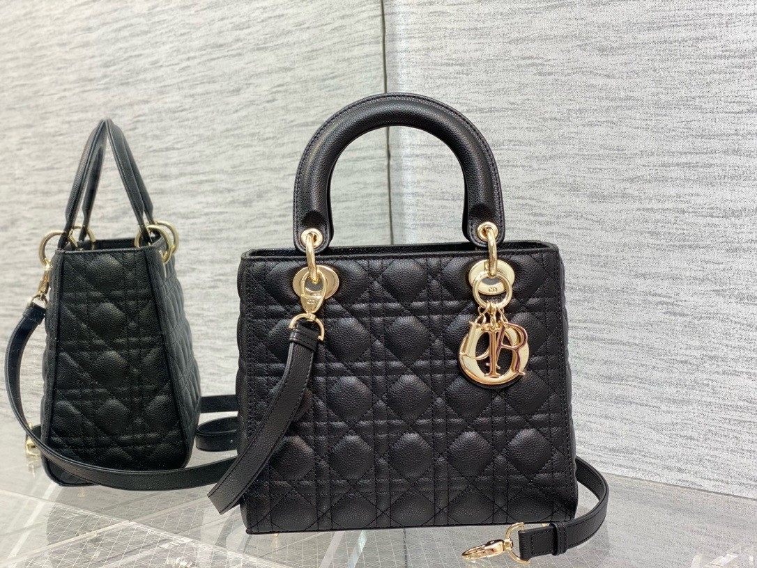 D*or small lady D*or bag in black grained cannage calfskin