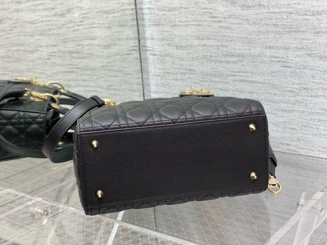 D*or small lady D*or bag in black grained cannage calfskin
