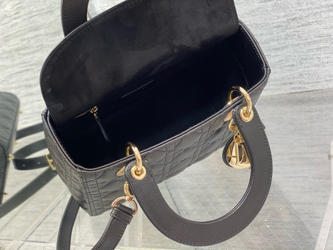 D*or small lady D*or bag in black grained cannage calfskin