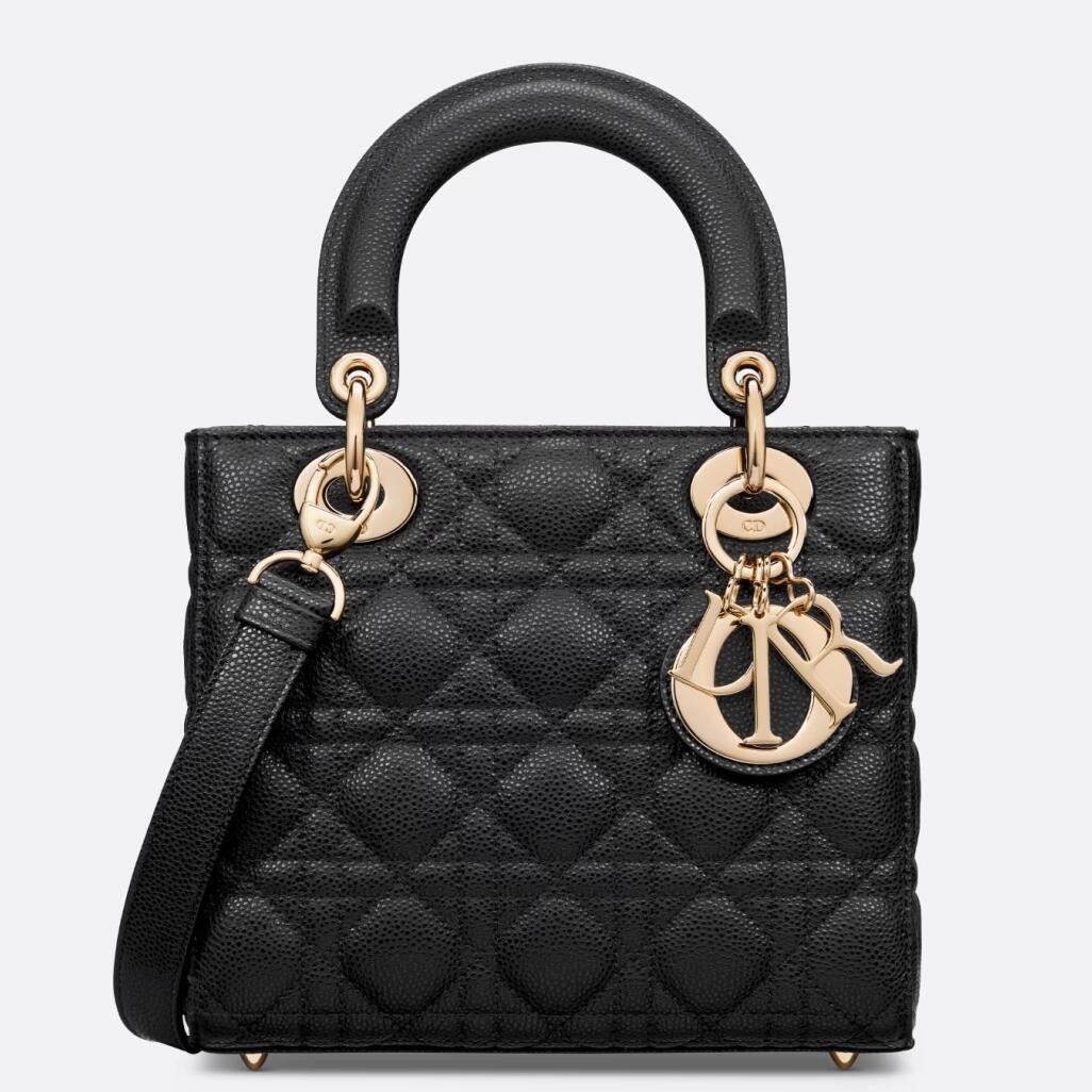 D*or small lady D*or bag in black grained cannage calfskin