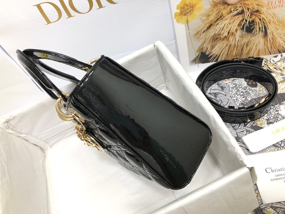 D*or small lady D*or bag in black patent cannage calfskin