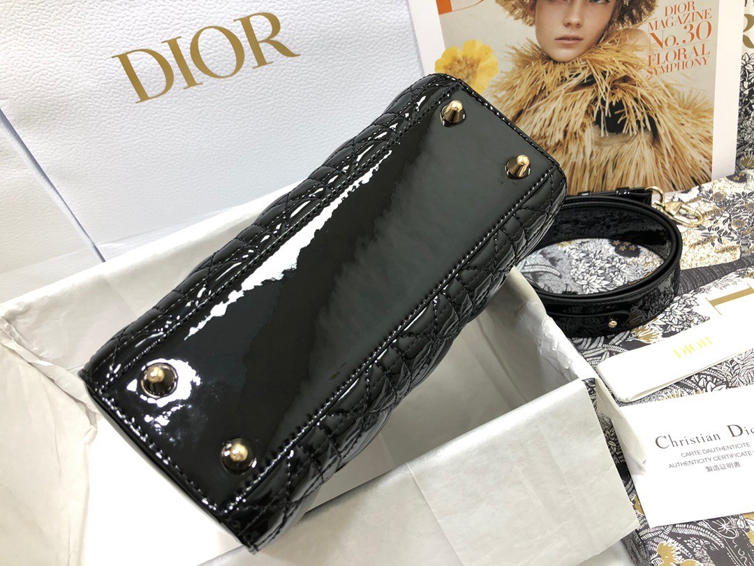 D*or small lady D*or bag in black patent cannage calfskin