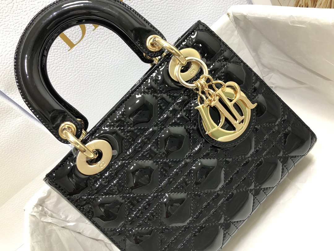 D*or small lady D*or bag in black patent cannage calfskin