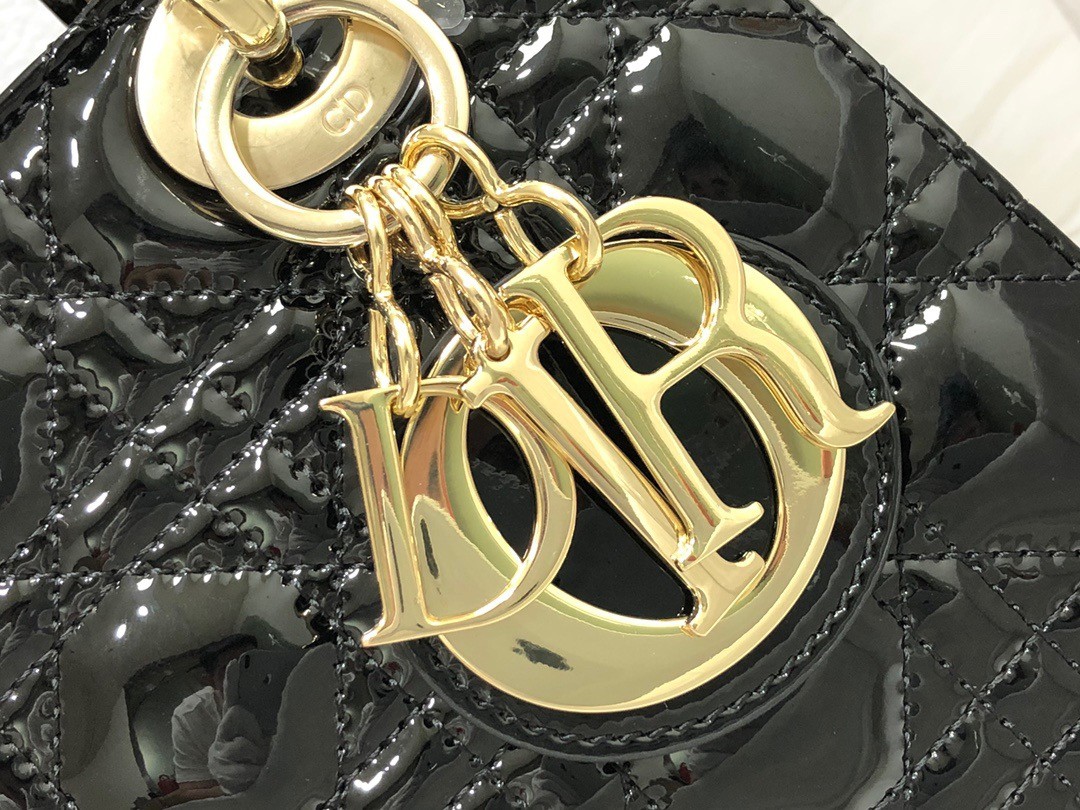 D*or small lady D*or bag in black patent cannage calfskin