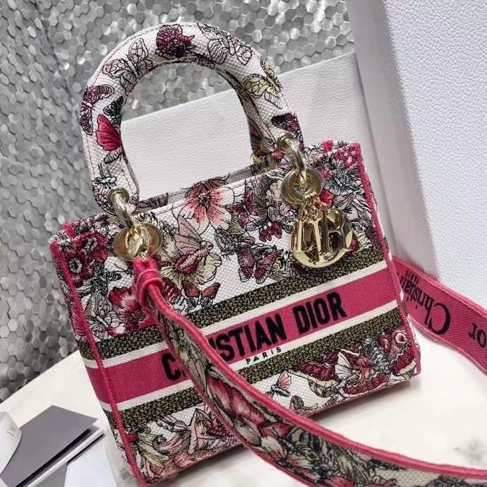 D*or medium lady d-lite bag in multicolor butterfly embroidery