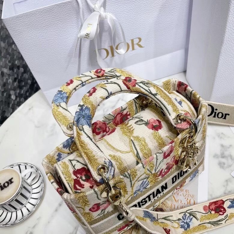 D*or medium lady d-lite hibiscus metallic thread embroidery bag