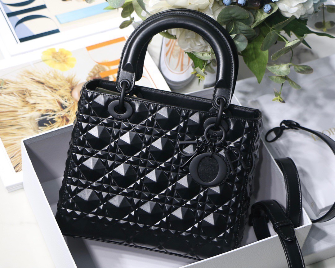 d*or medium lady d*or bag in black Di*m*nd calfskin