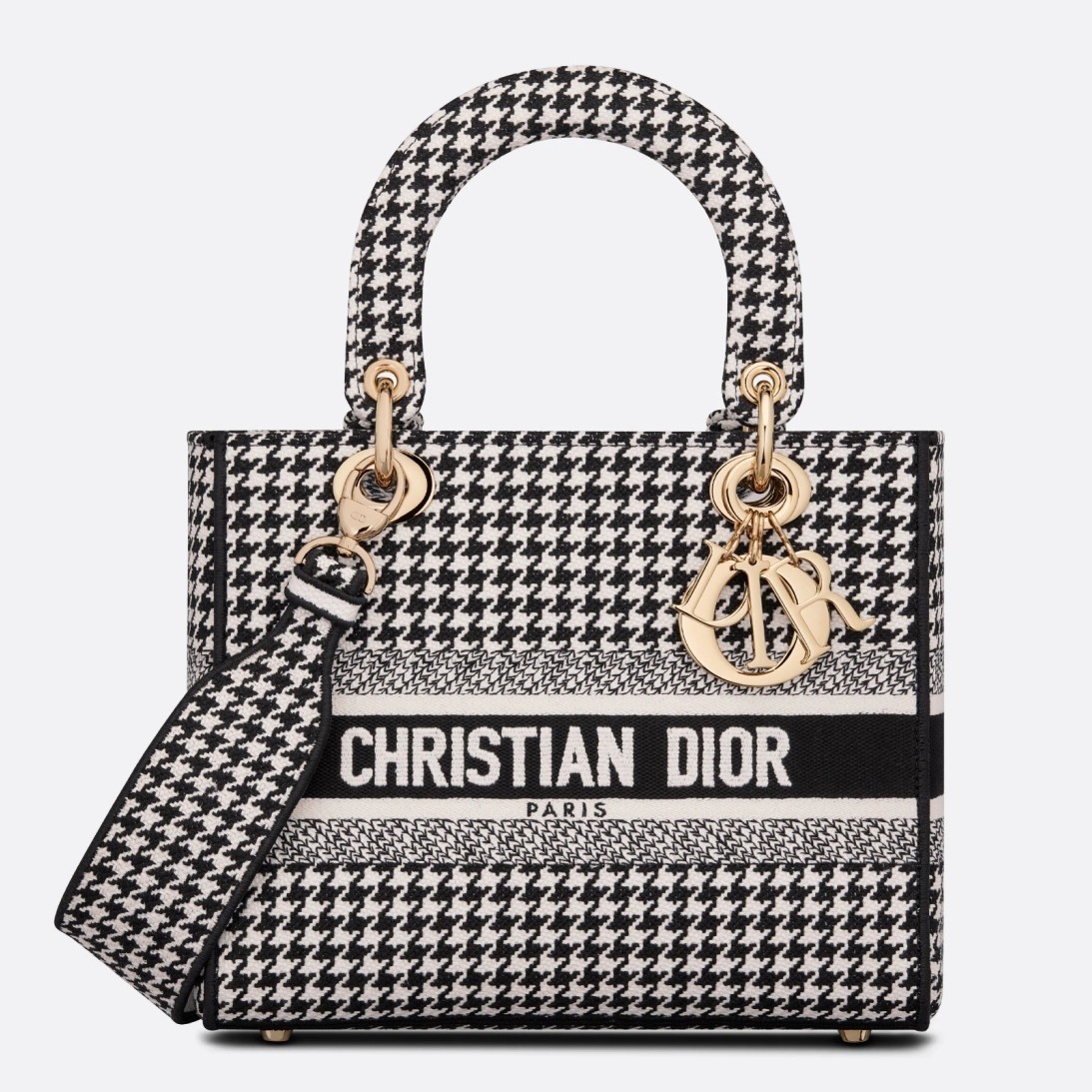 D*or medium lady d-lite bag in black houndstooth embroidery