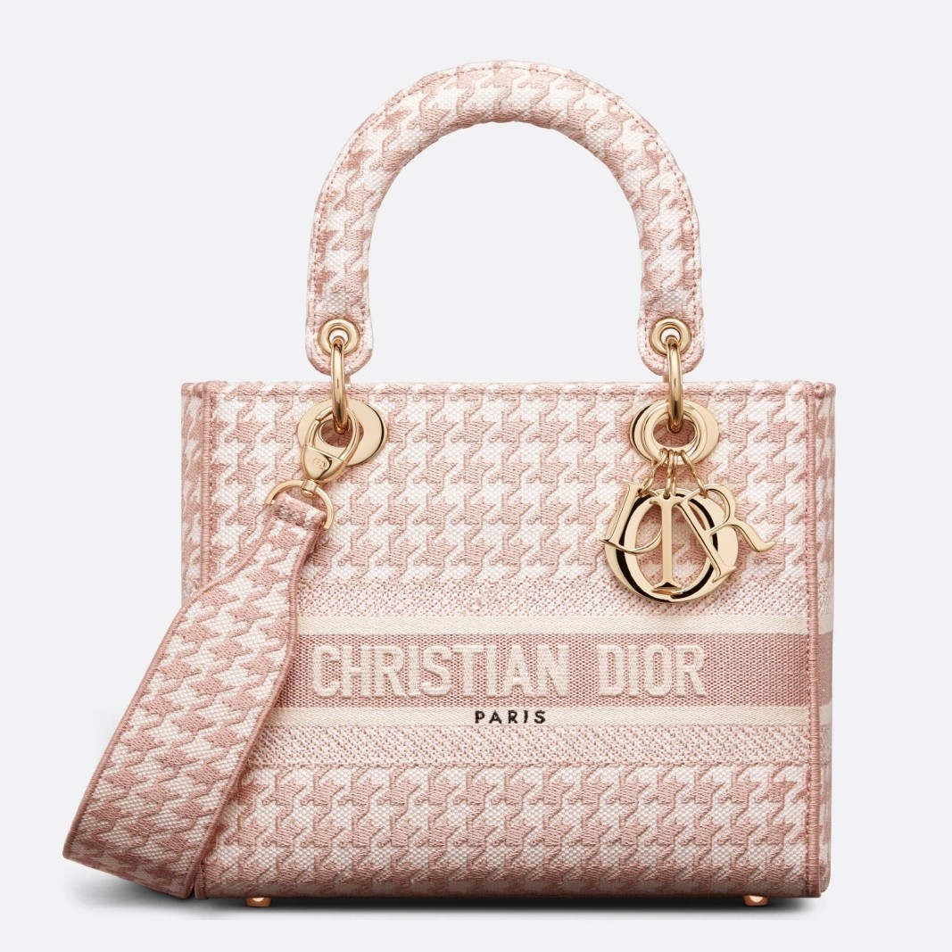 D*or medium lady d-lite bag in pink houndstooth embroidery
