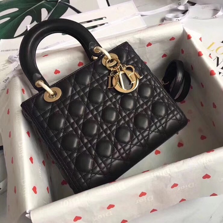 D*or medium lady D*or bag in black lambskin
