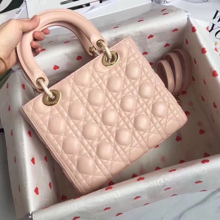 D*or medium lady D*or bag in pink lambskin