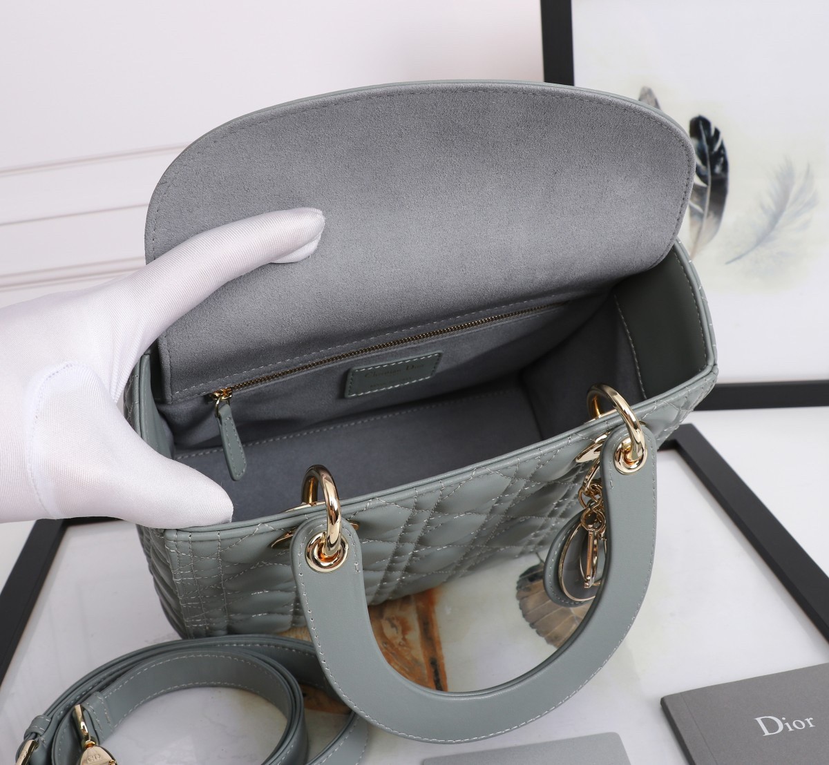 D*or medium lady D*or bag with enamel charm in grey lambskin