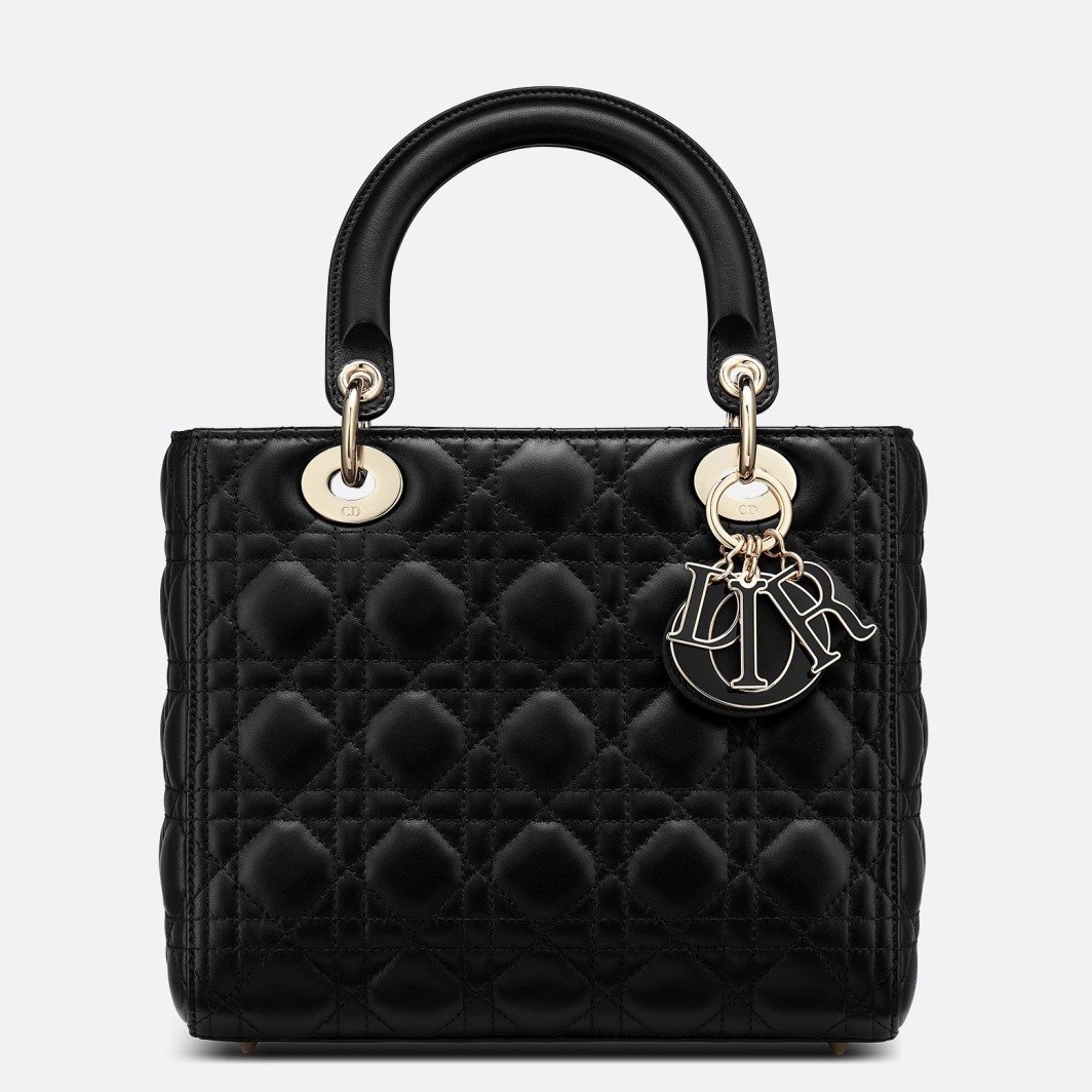 D*or medium lady D*or bag with enamel charm in black lambskin