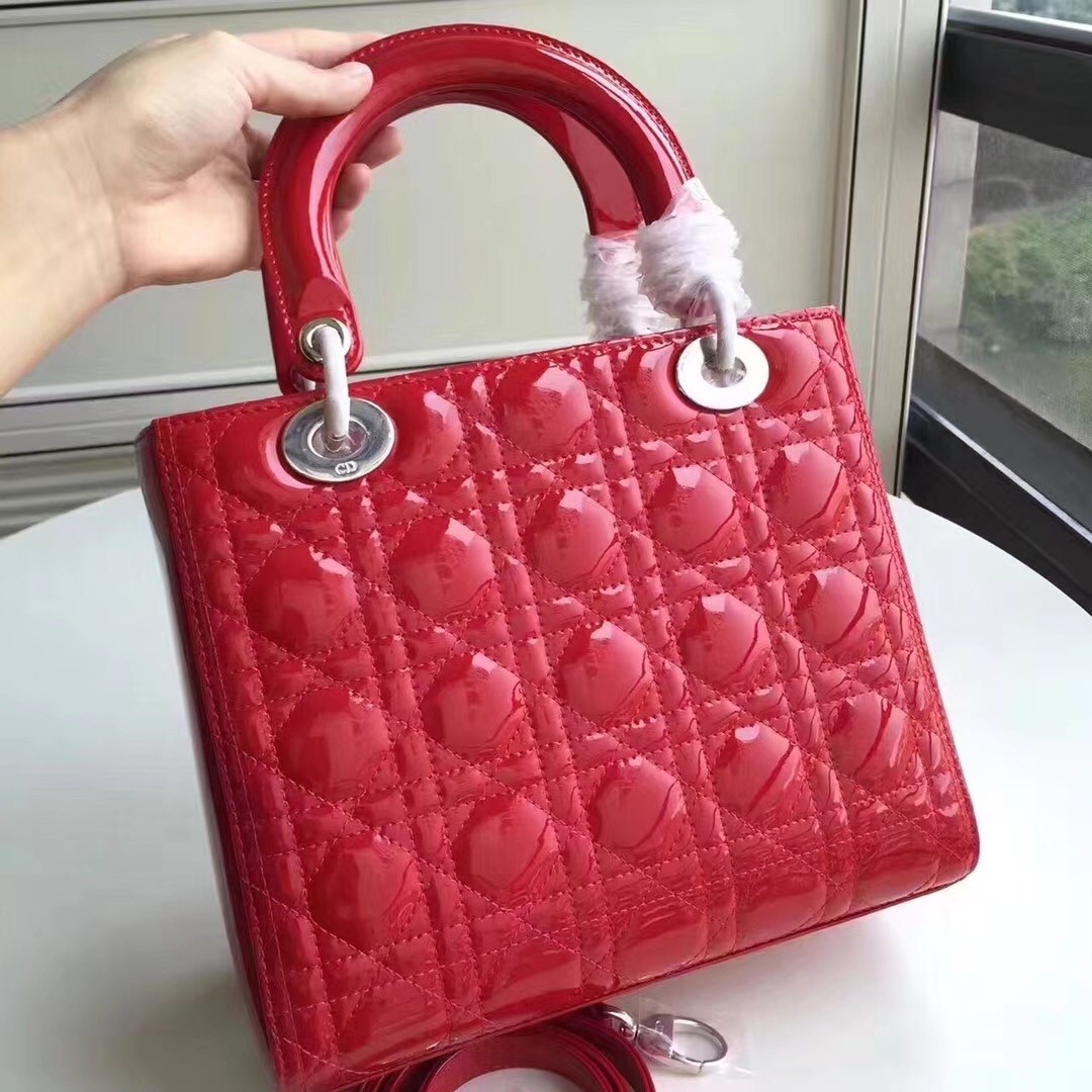 D*or medium lady D*or bag in red patent leather
