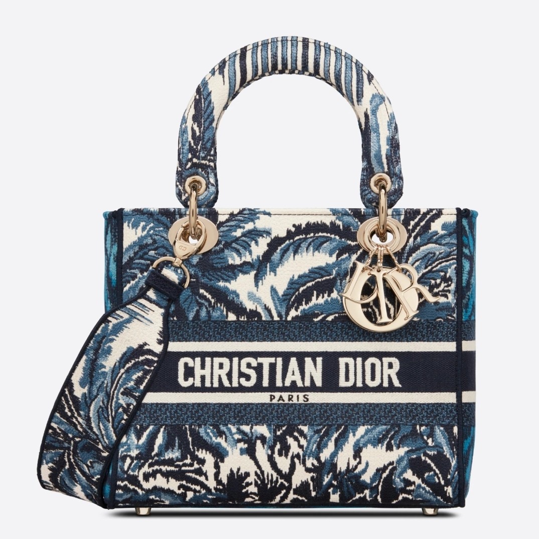 D*or medium lady d-lite bag in blue D*or palms embroidery