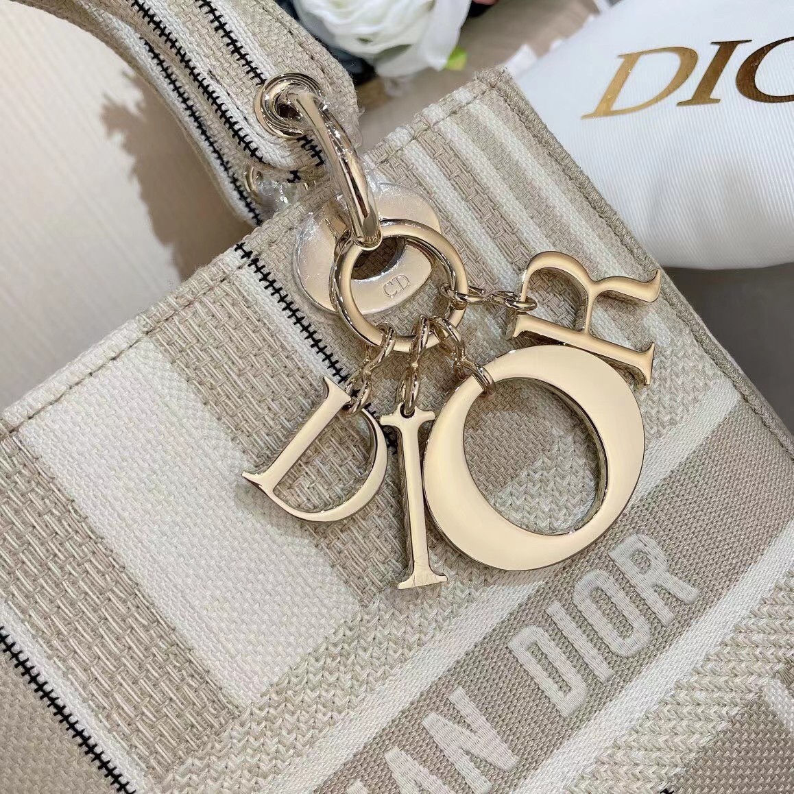 D*or medium lady d-lite bag in beige stripes embroidery