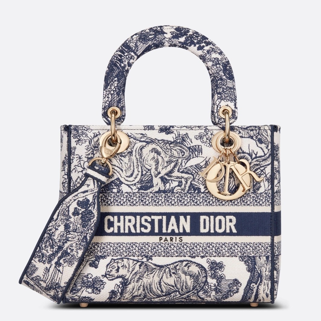 D*or medium lady d-lite bag in blue toile de jouy embroidery