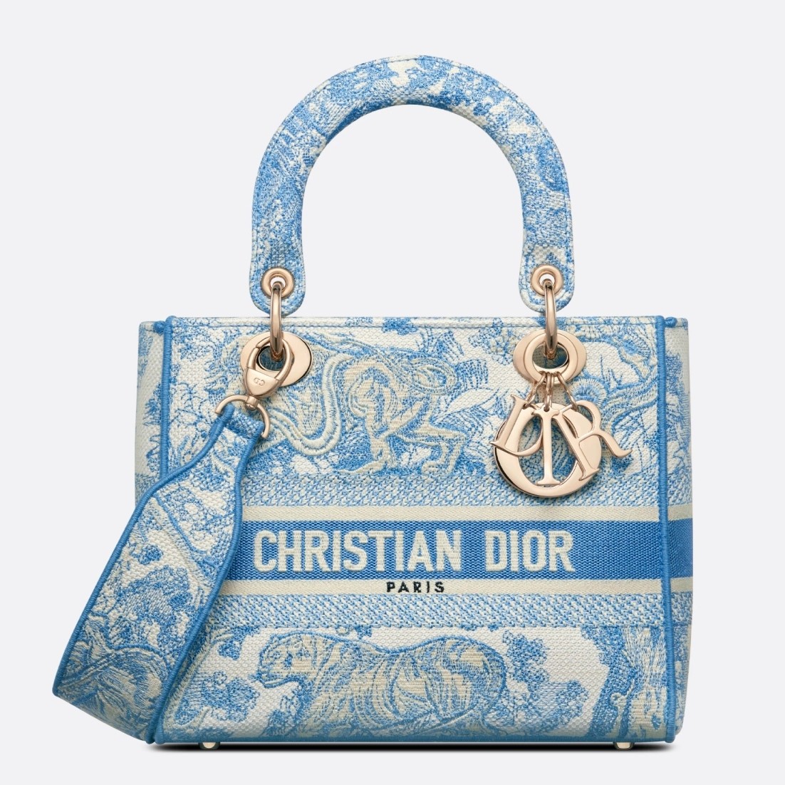 D*or medium lady d-lite bag in blue toile de jouy canvas