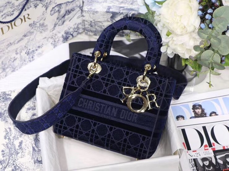 D*or medium lady d-lite bag in blue embroidered velvet