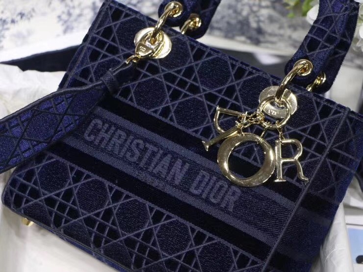 D*or medium lady d-lite bag in blue embroidered velvet