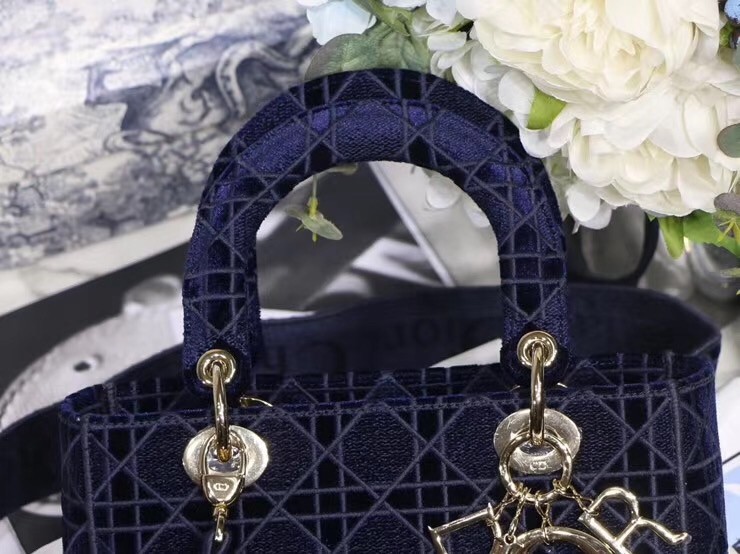 D*or medium lady d-lite bag in blue embroidered velvet