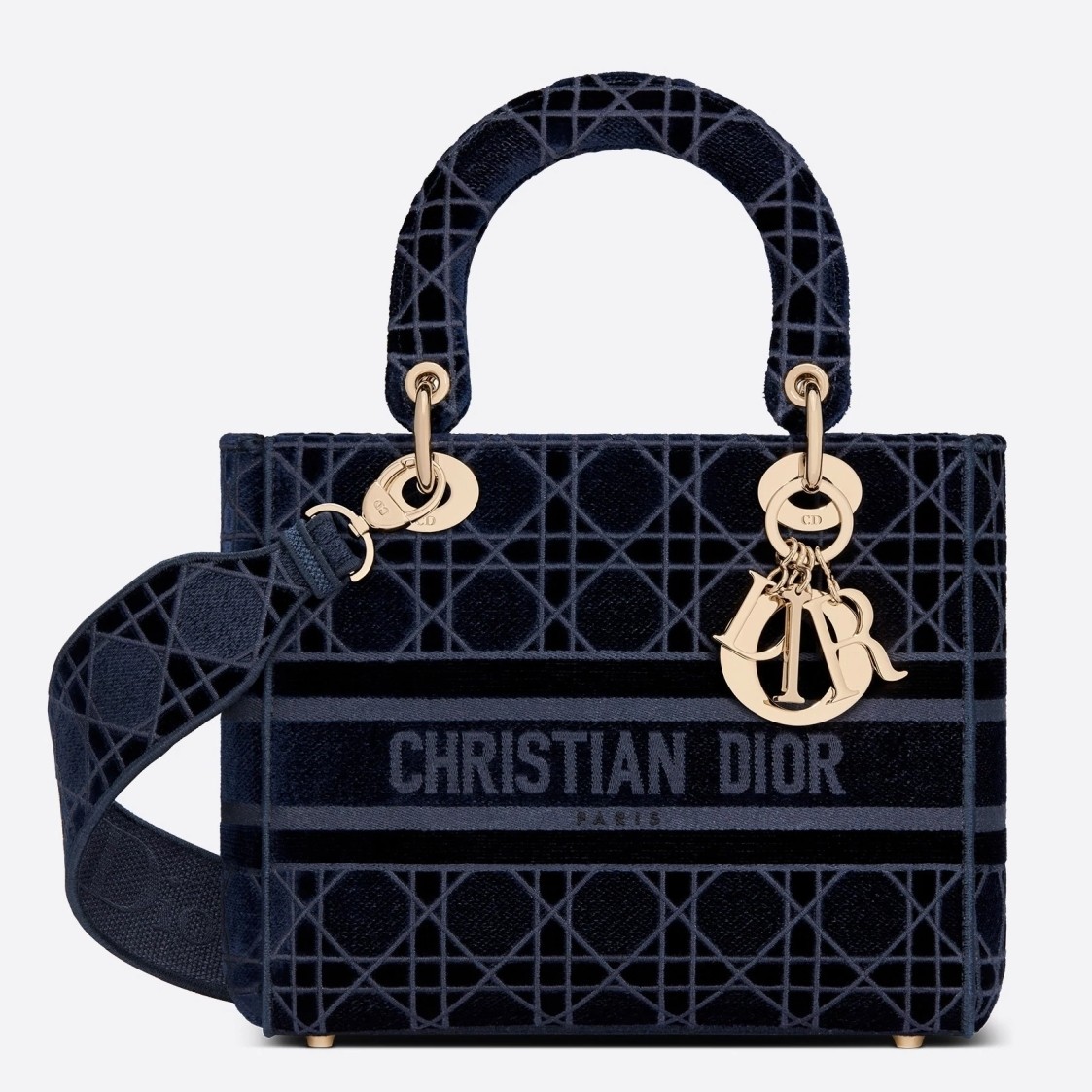 D*or medium lady d-lite bag in blue embroidered velvet