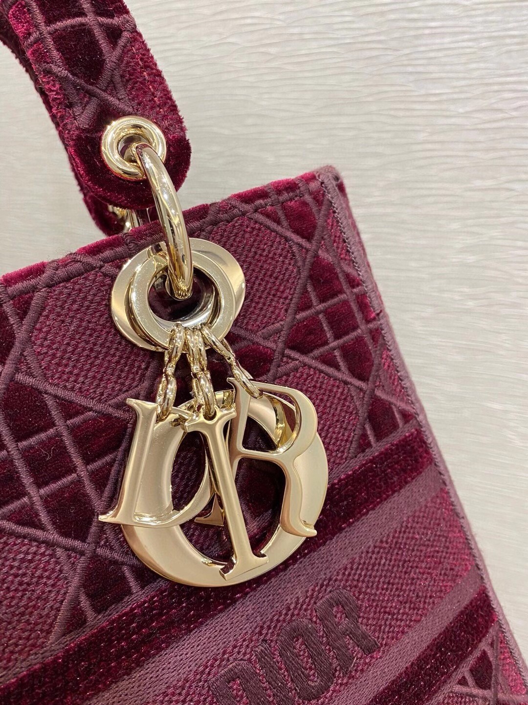 D*or medium lady d-lite bag in bordeaux embroidered velvet