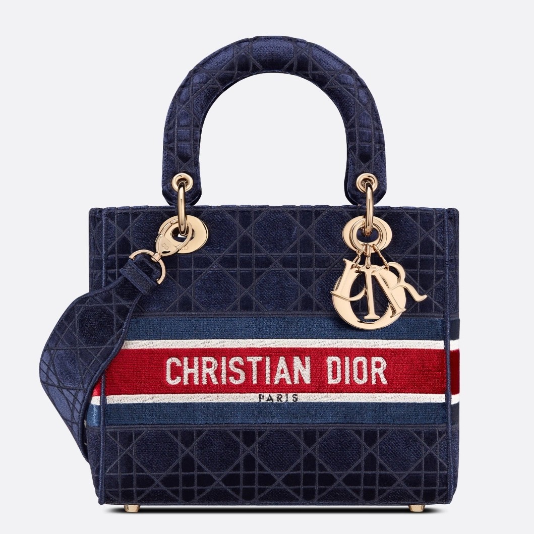 D*or medium lady d-lite bag in blue velvet embroidery