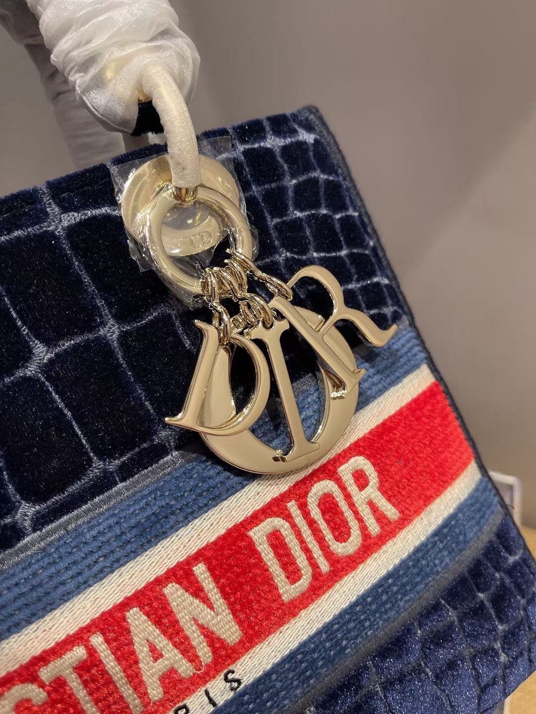 D*or medium lady d-lite bag in blue crocodile embroidered velvet