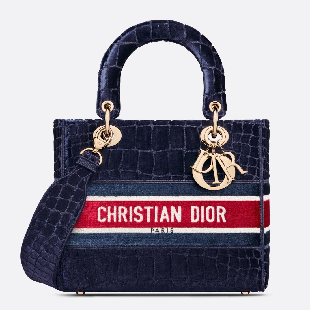 D*or medium lady d-lite bag in blue crocodile embroidered velvet