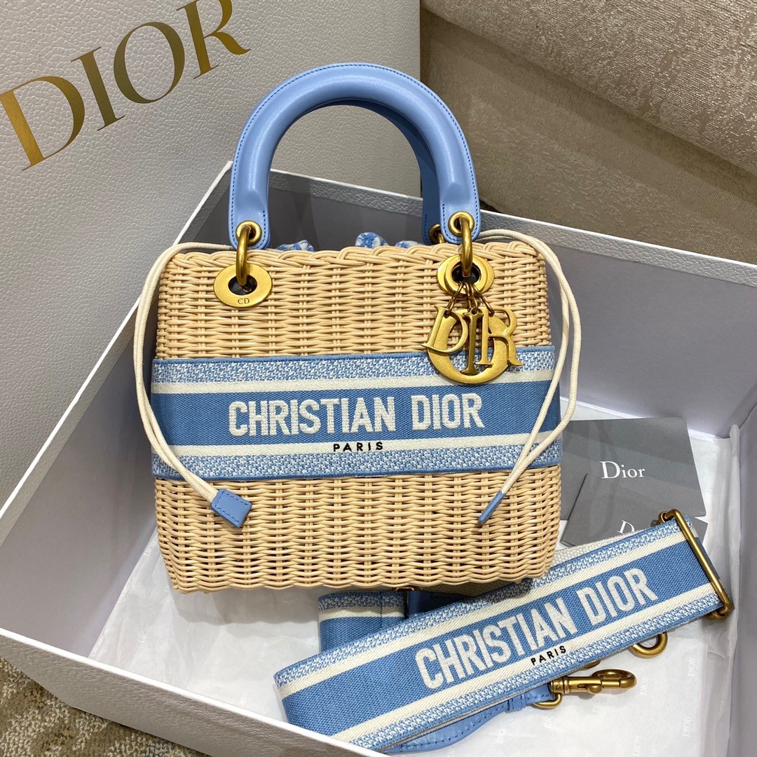D*or medium lady D*or bag in wicker and light blue oblique jacquard