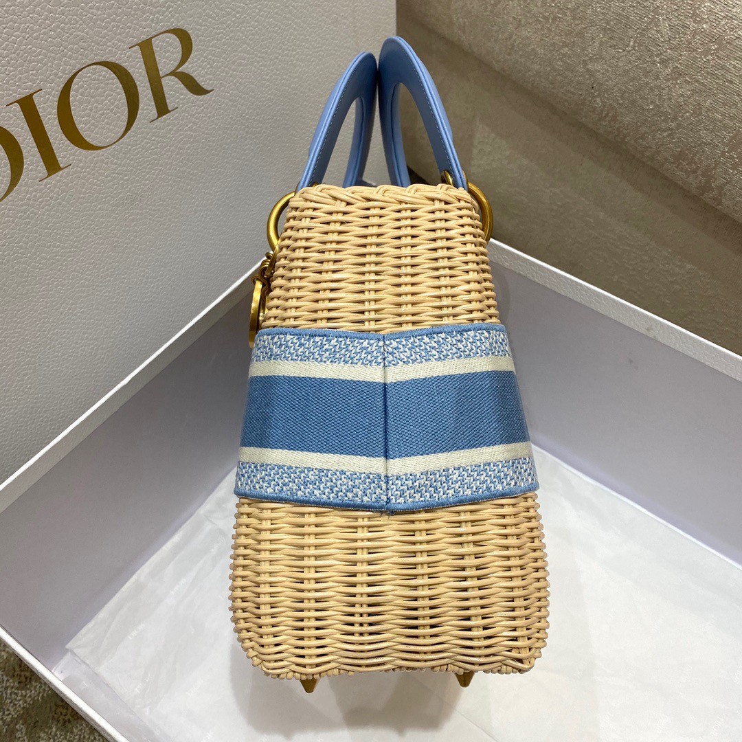 D*or medium lady D*or bag in wicker and light blue oblique jacquard