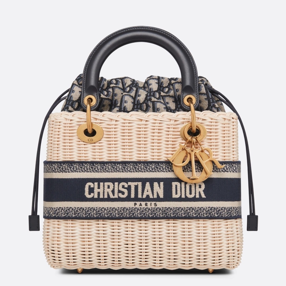 D*or medium lady D*or bag in wicker and blue oblique jacquard