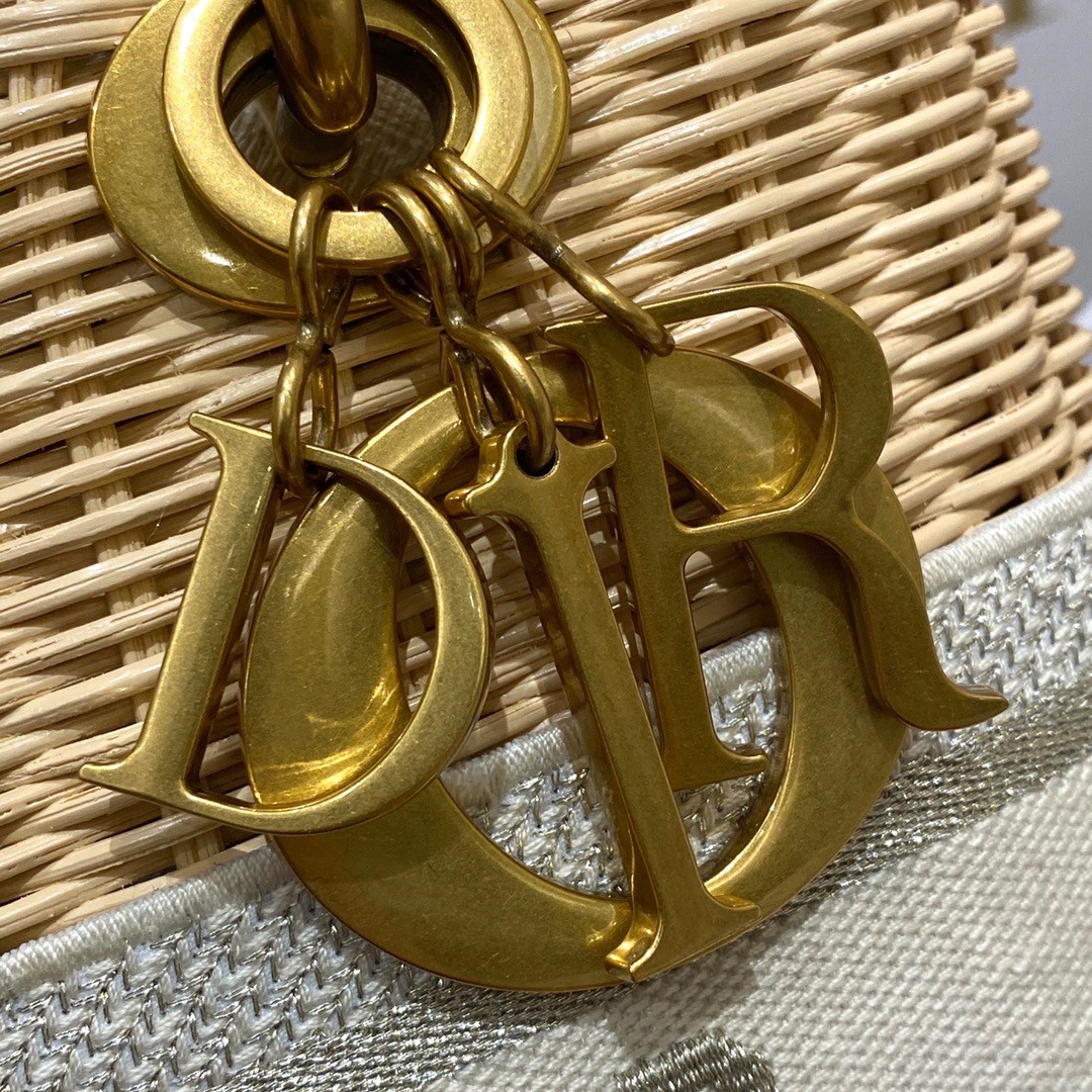 D*or medium lady D*or bag in wicker and white oblique jacquard
