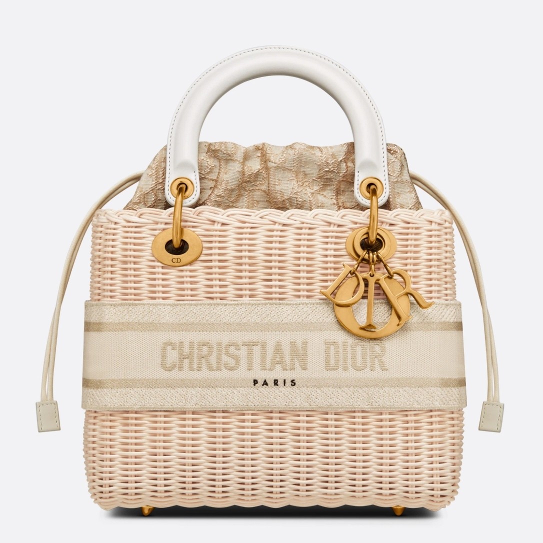 D*or medium lady D*or bag in wicker and white oblique jacquard