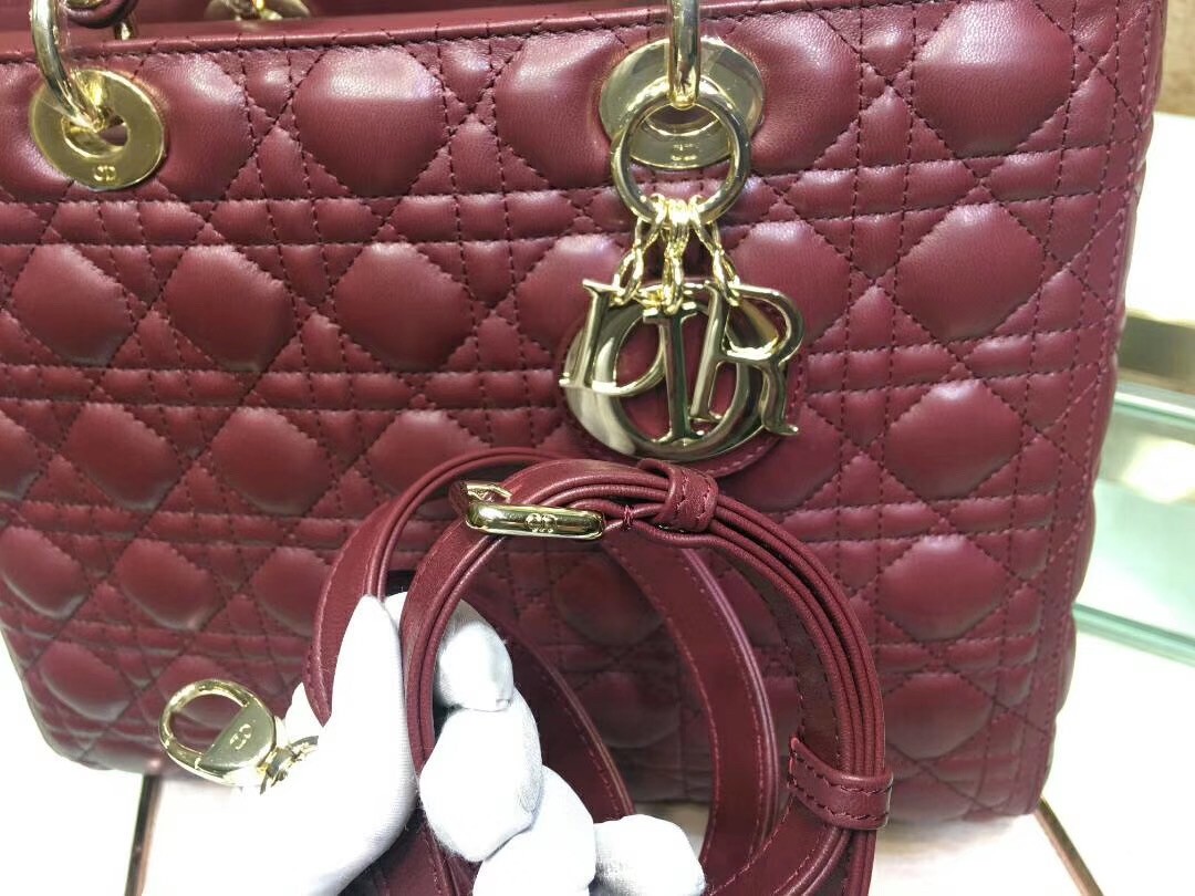D*or large lady D*or bag in bordeaux cannage lambskin