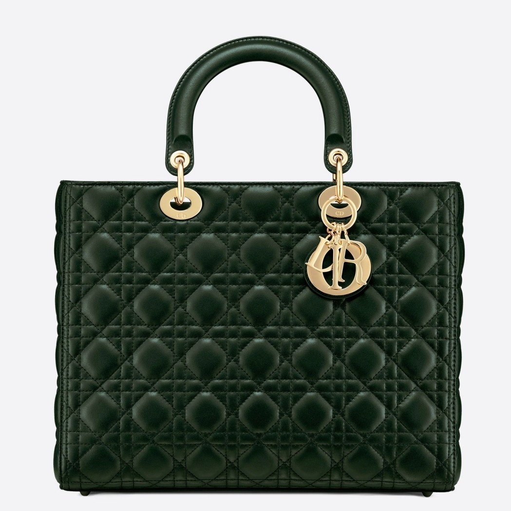 D*or large lady D*or bag in green cannage lambskin