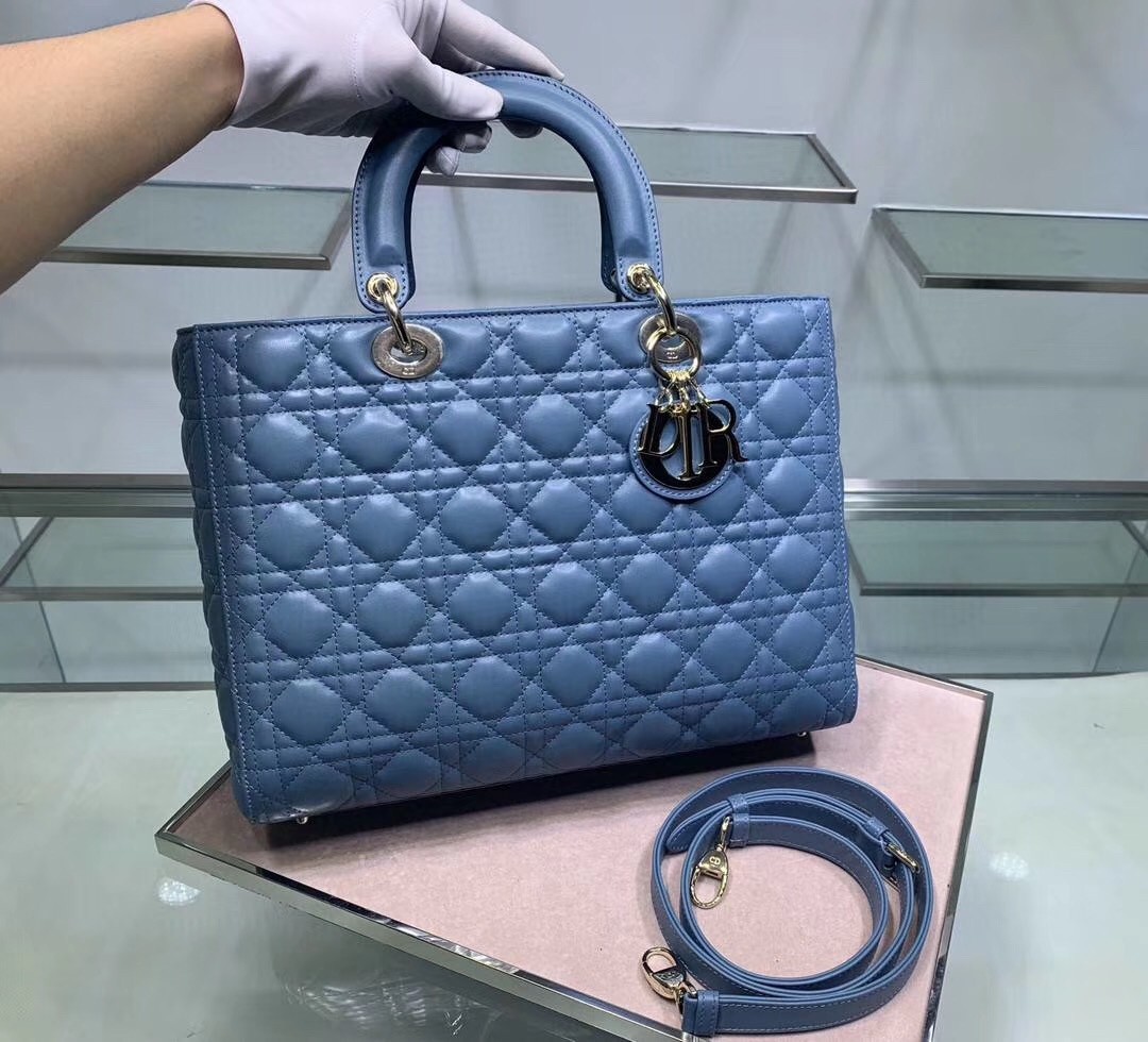 D*or large lady D*or bag in denim blue cannage lambskin