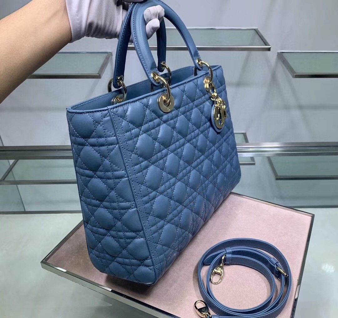 D*or large lady D*or bag in denim blue cannage lambskin